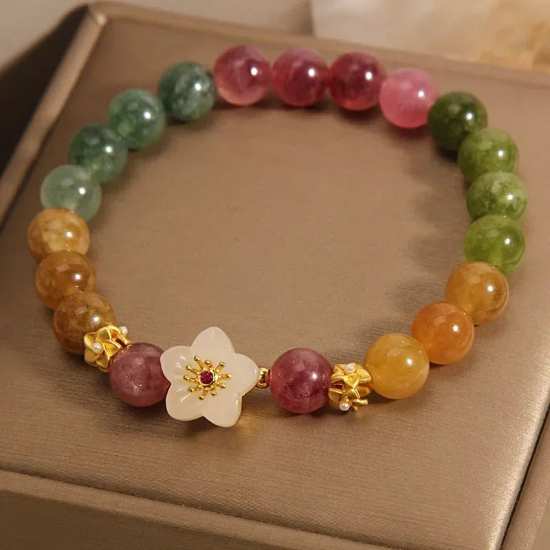 Tinkers Natural Jade Agate Bracelet 18K Gold Plated Flower Design -