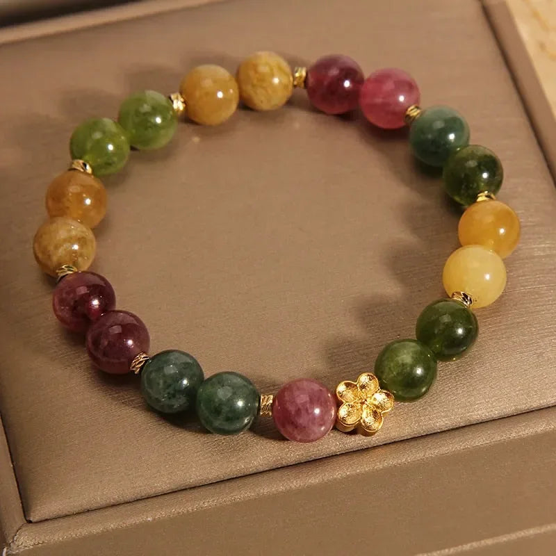 Tinkers Natural Jade Agate Bracelet 18K Gold Plated Flower Design -