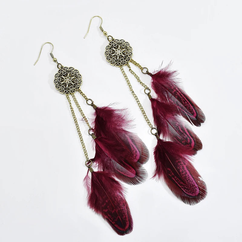 Tinkers Bohemian Feather Earrings For Women Vintage Ethnic Chain -