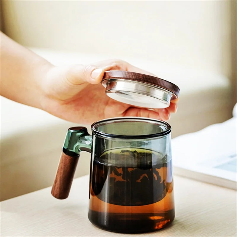 Glass Tea Cup with Walnut Wooden Handle, Lid & Filter — 400ml
