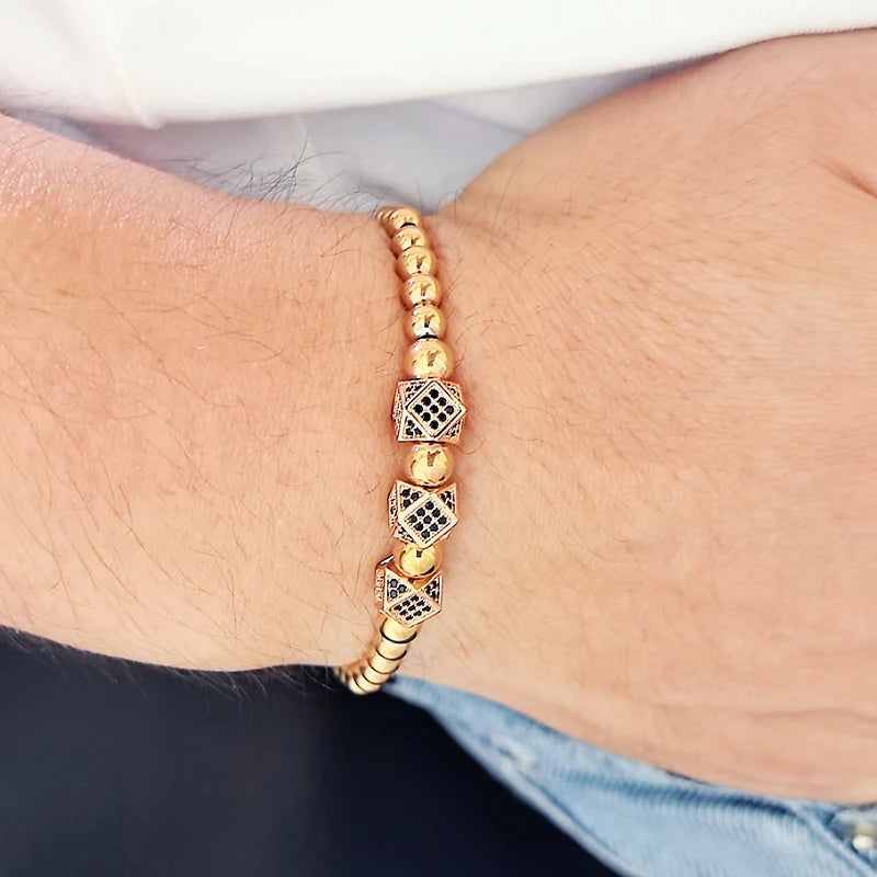 18K Gold-Plated Stainless Steel Beaded Bracelet – Unisex Couple Jewelry
