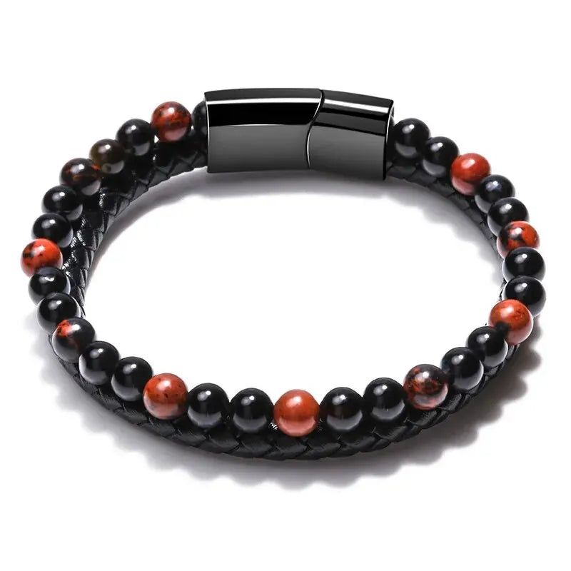 Unisex Leather Natural Lava Stone Tiger Eye Bead Bracelet
