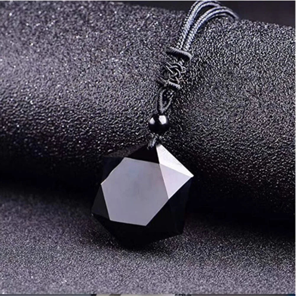Natural Obsidian Hexagram Pendant Necklace Protection