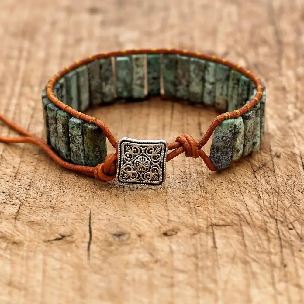 Handmade Boho Leather Wrap Bracelet with Natural Picasso Stone