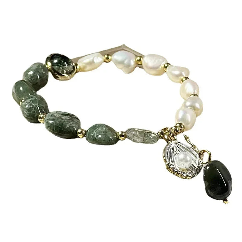 Elegant Handcrafted Pearl and Green Crystal Bracelet by Tinkers for Women Healing Energy