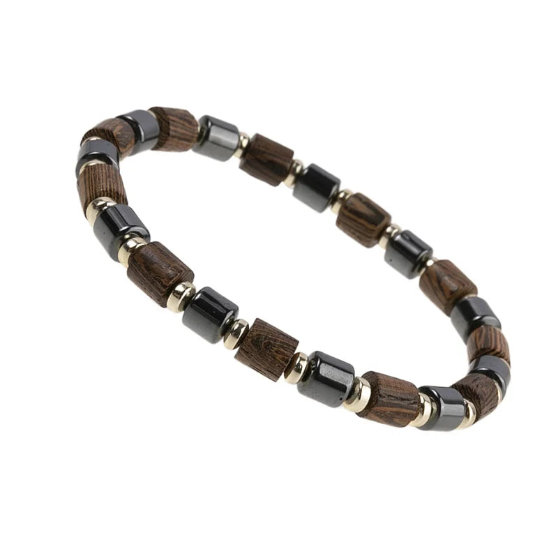 Women's Black Hematite & Wood Bead Bracelet | Handmade Elastic Stretch | Health Jewelry