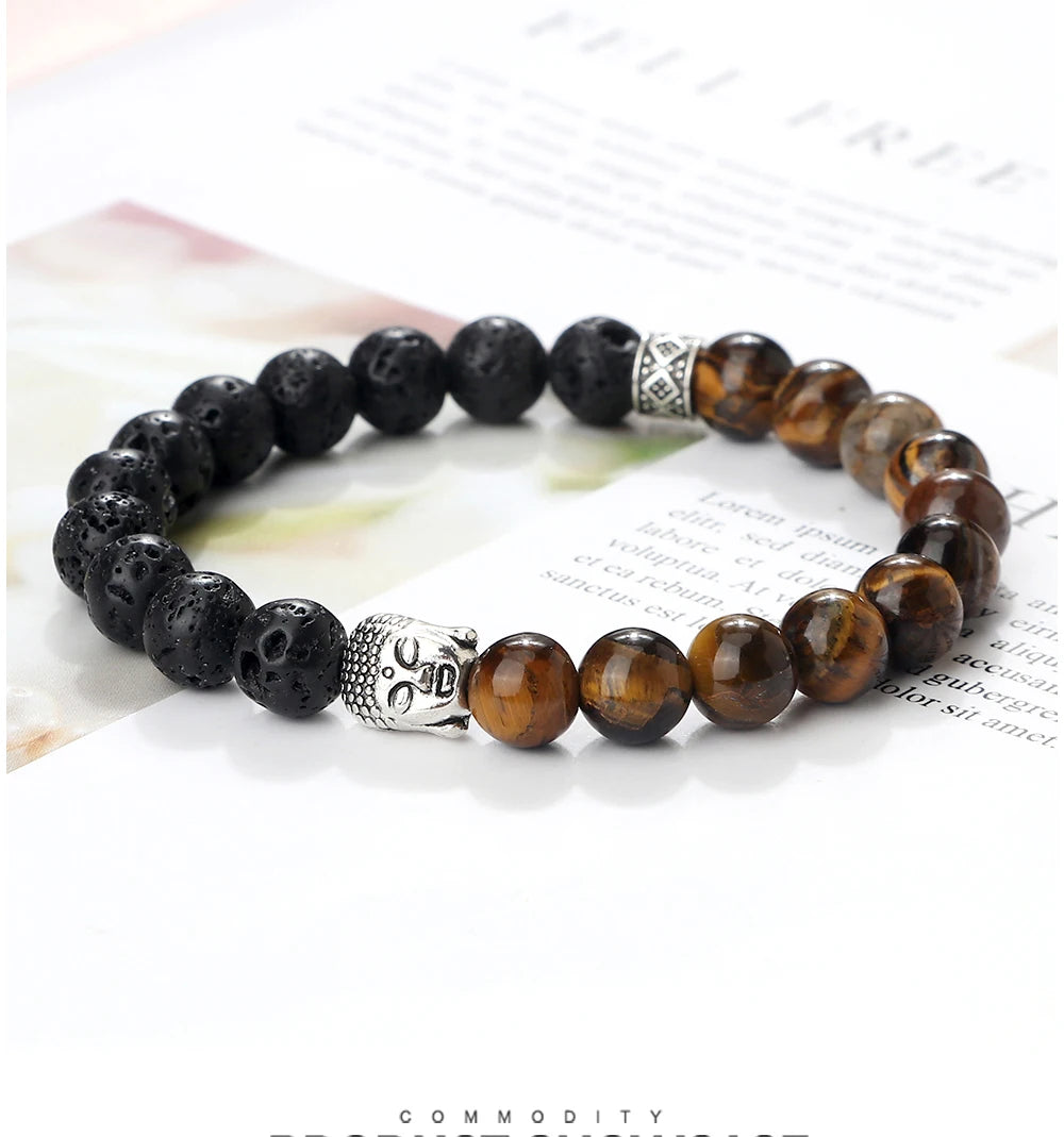 Tibetan Buddha Head Natural Stone Bracelet – 8mm Tiger Eye, Lava & More