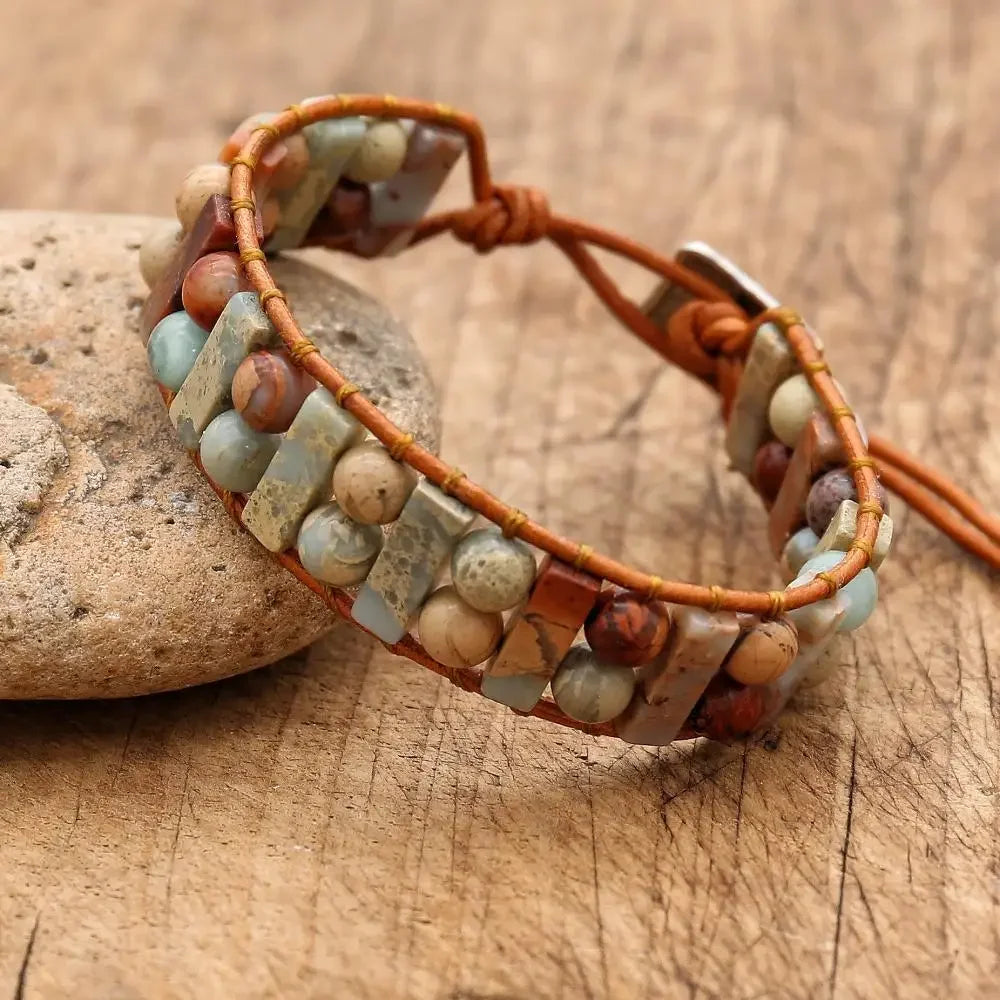 Handmade Boho Leather Wrap Bracelet with Natural Picasso Stone