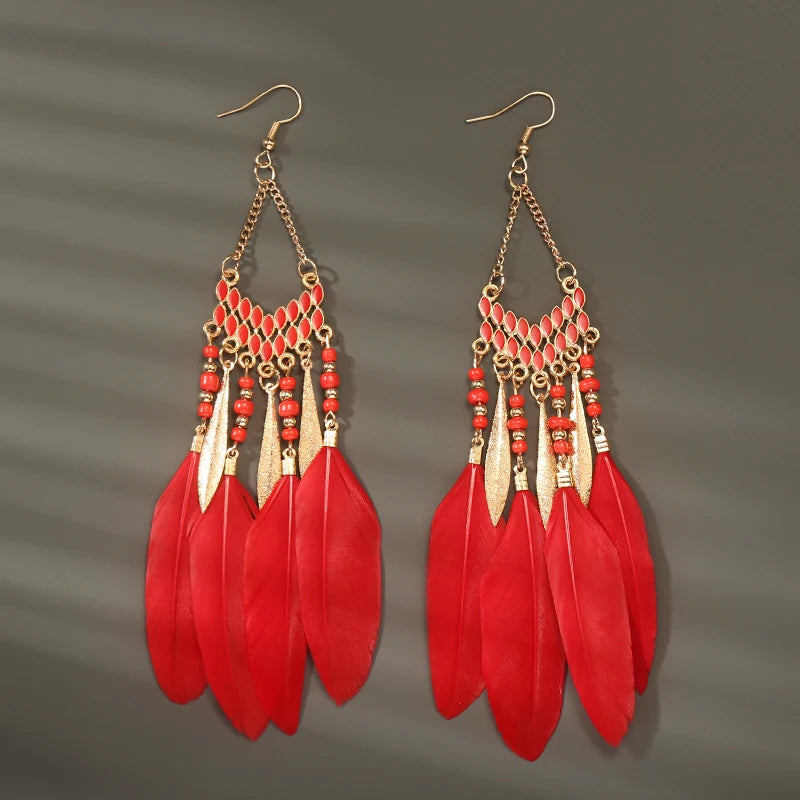 Tinkers Boho Long Feather Dangle Earrings For Women Beach Beads -