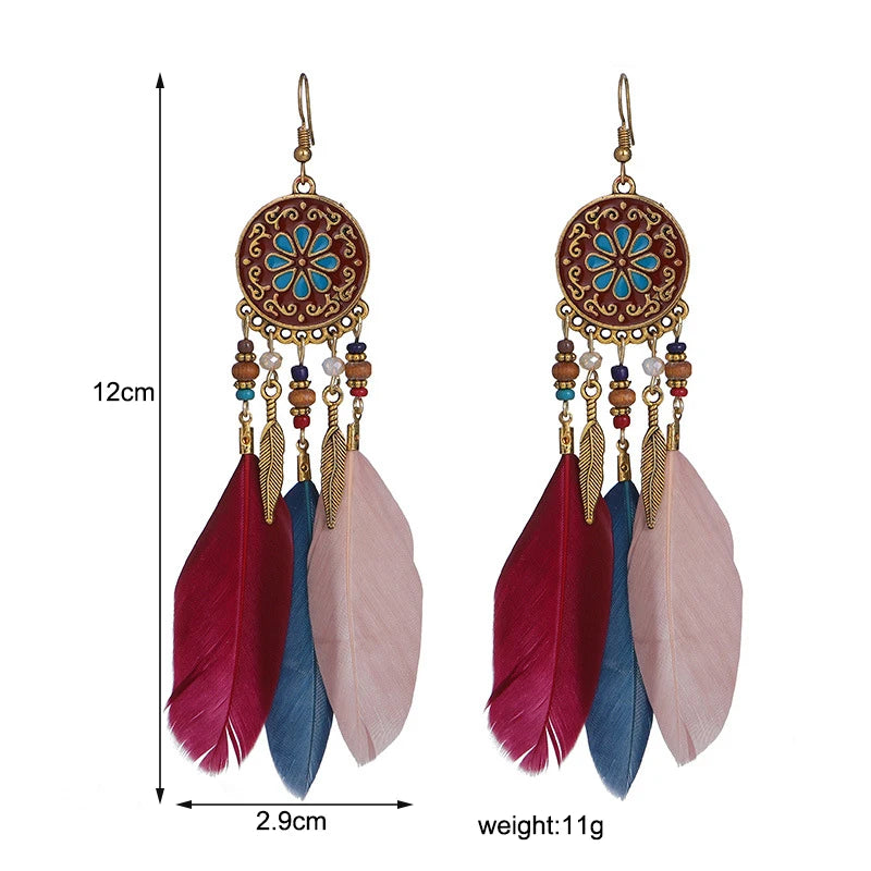 Tinkers Boho Long Feather Dangle Earrings For Women Beach Beads -