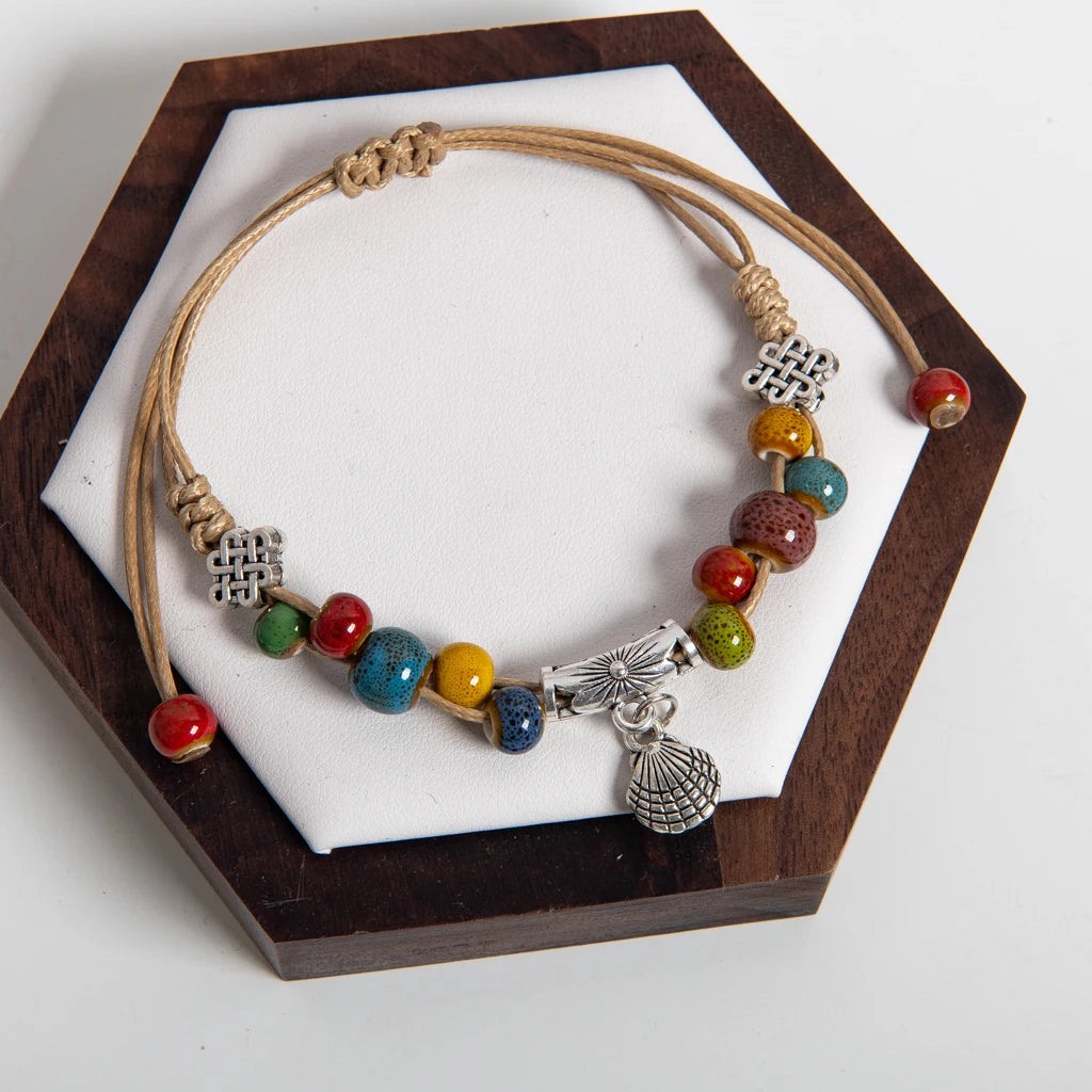 Colorful Ceramic Beaded Handmade Bracelet with Shell Charm Adjustable Boho Rope Jewelry S03-110