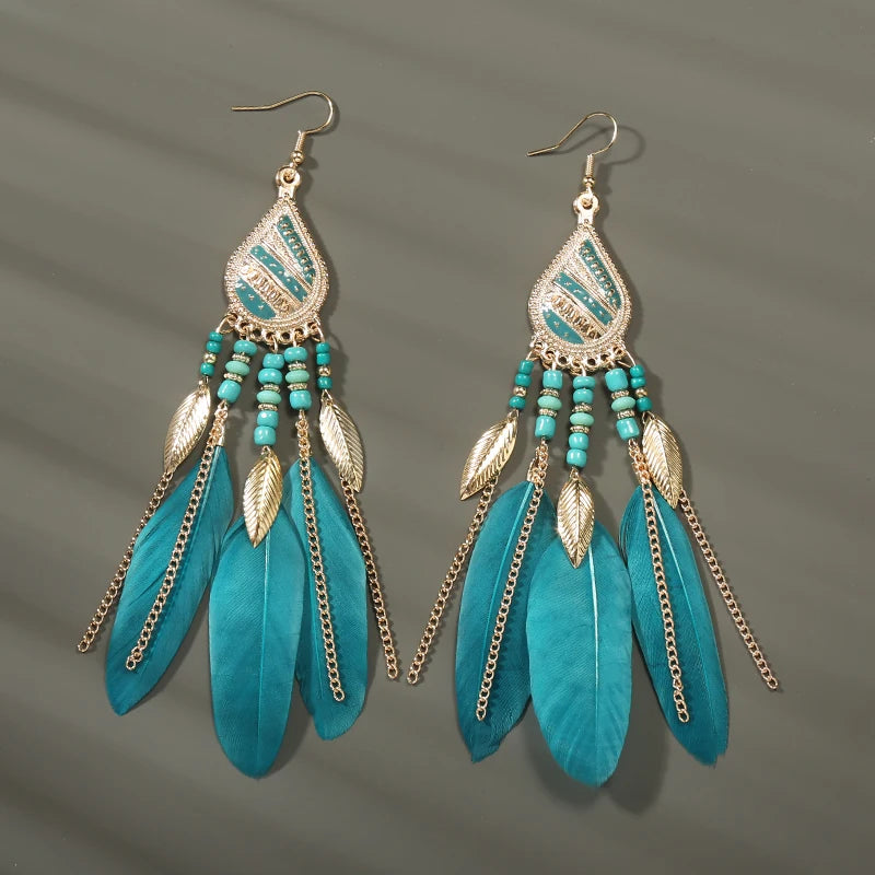 Tinkers Boho Long Feather Dangle Earrings For Women Beach Beads -