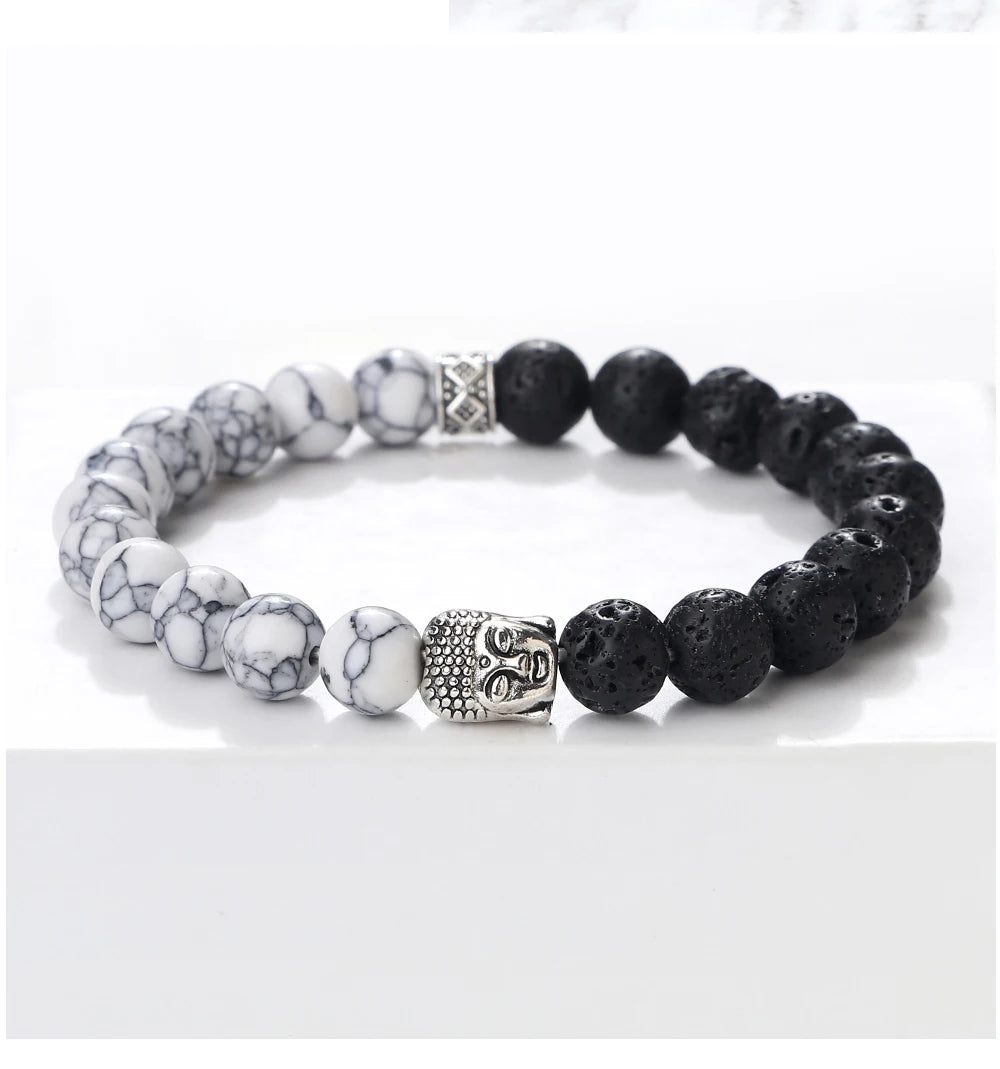 Tibetan Buddha Head Natural Stone Bracelet – 8mm Tiger Eye, Lava & More