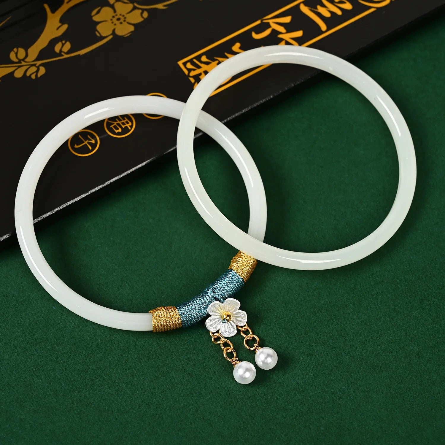 Tinkers Two Piece Set Natural Jade Jingle Bangles Bracelet Women -