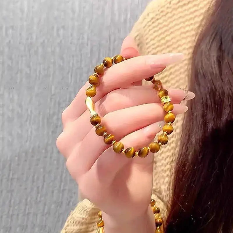Tiger Eye Stone Cuff Bracelet — Gradient Zircon Charm Jewelry for Women
