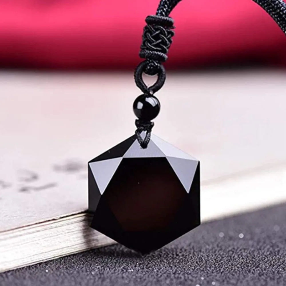 Natural Obsidian Hexagram Pendant Necklace Protection