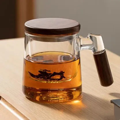 Glass Tea Cup with Walnut Wooden Handle, Lid & Filter — 400ml