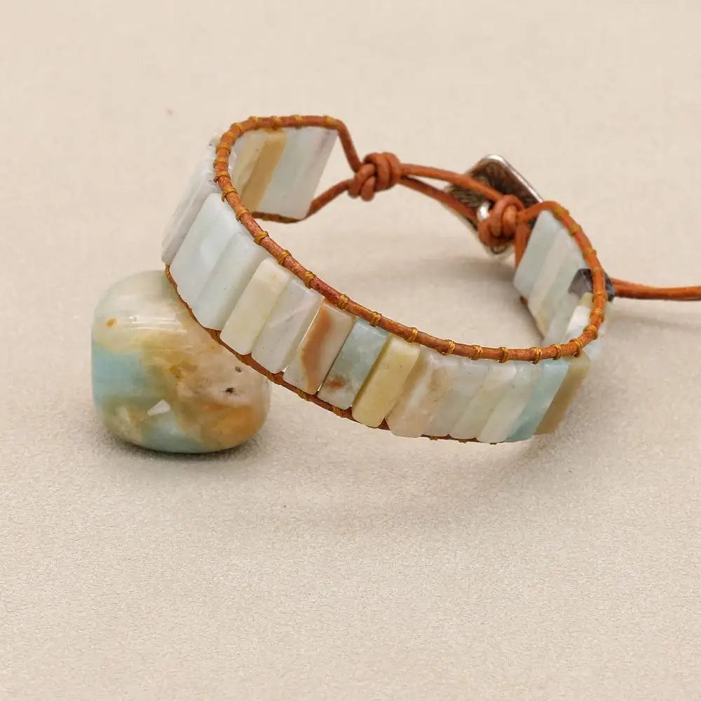 Handmade Boho Leather Wrap Bracelet with Natural Picasso Stone