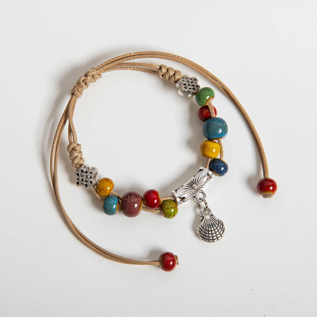 Colorful Ceramic Beaded Handmade Bracelet with Shell Charm Adjustable Boho Rope Jewelry S03-110