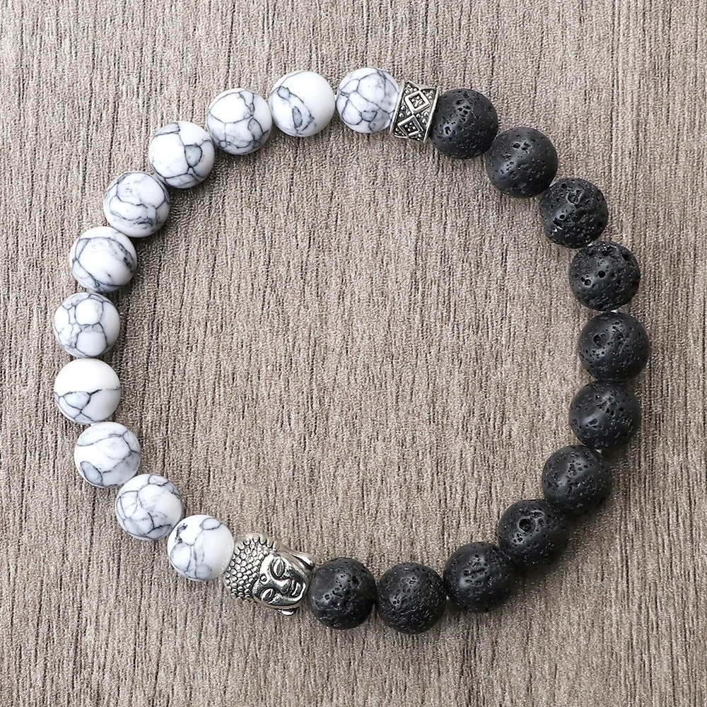 Tibetan Buddha Head Natural Stone Bracelet – 8mm Tiger Eye, Lava & More