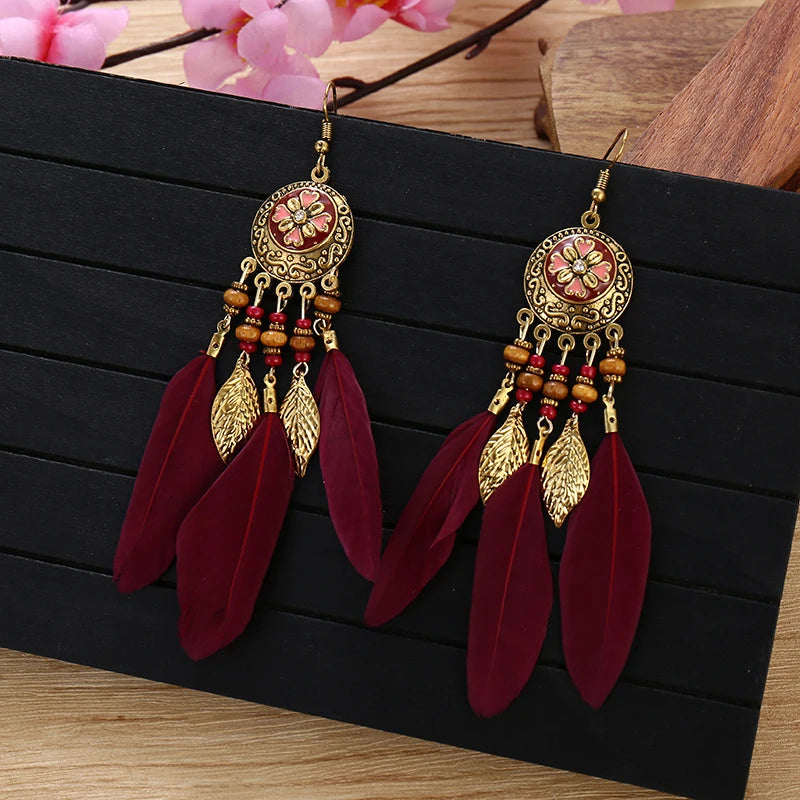 Tinkers Bohemian Feather Tassel Earrings For Women Long Carved Leaf - Apparel & Accessories > Jewelry > Earrings