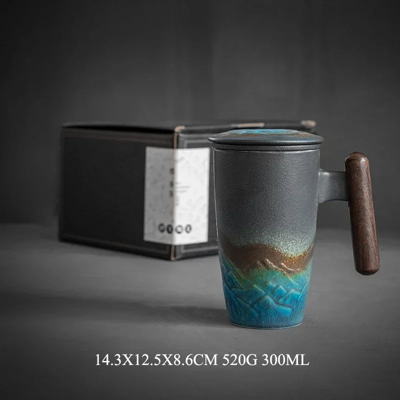 Retro Ceramic Tea Mug — Large 300ml with Lid & Wooden Handle