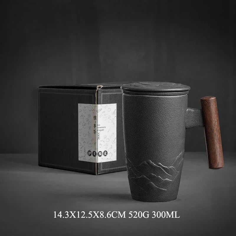 Retro Ceramic Tea Mug — Large 300ml with Lid & Wooden Handle