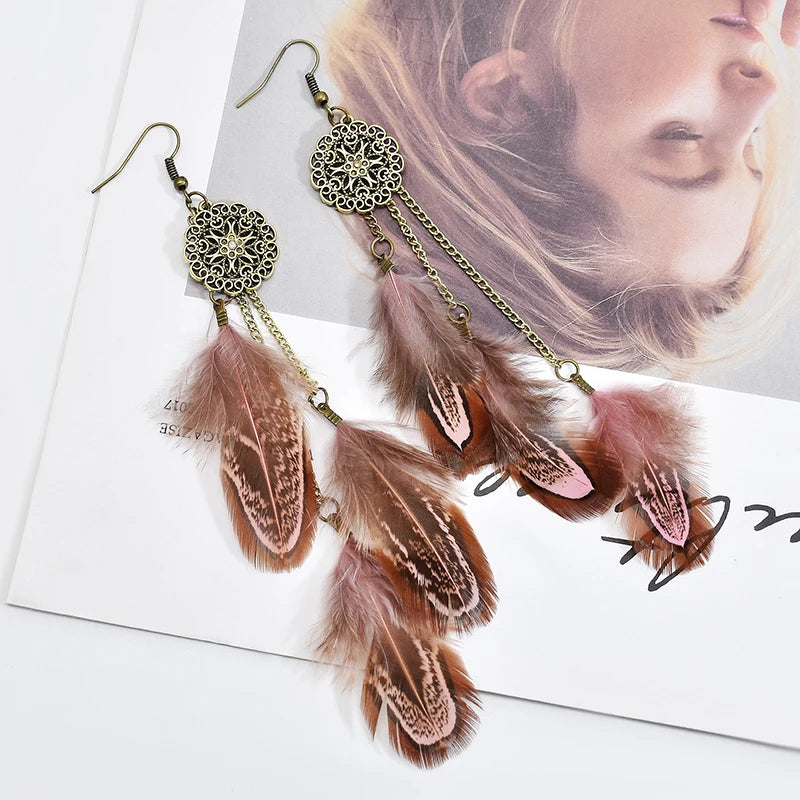 Tinkers Bohemian Feather Earrings For Women Vintage Ethnic Chain -