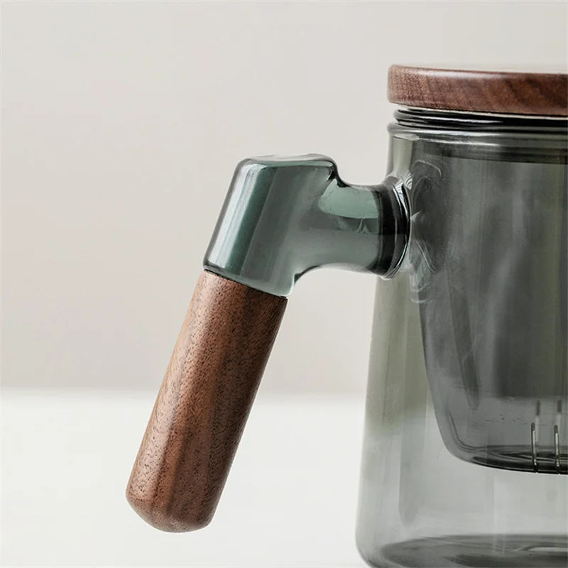Glass Tea Cup with Walnut Wooden Handle, Lid & Filter — 400ml