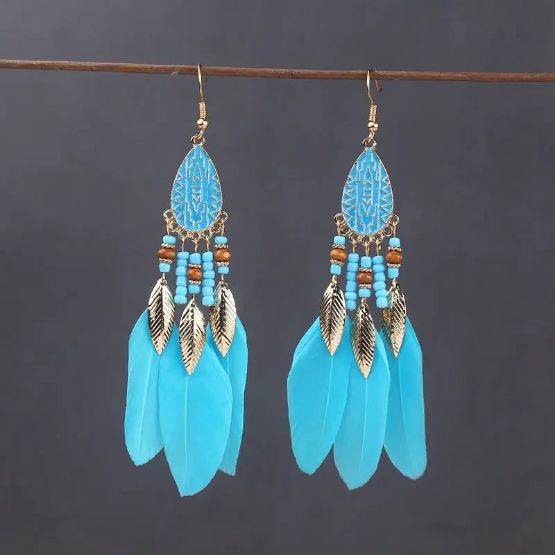 Tinkers Boho Long Feather Dangle Earrings For Women Beach Beads -