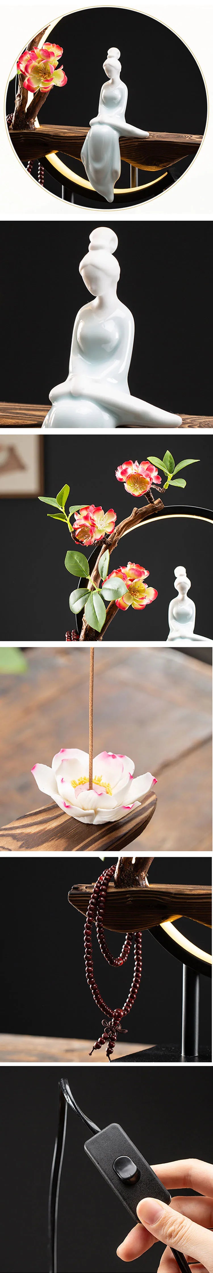 Tinkers Chinese Style Backflow Incense Burner LED USB Ceramic Lotus -