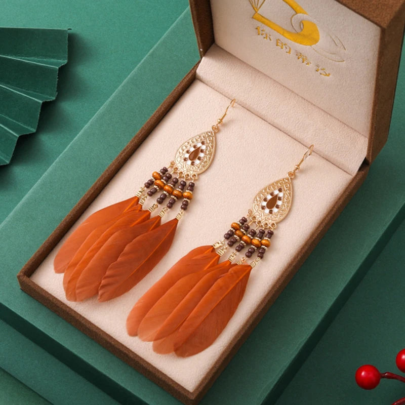 Tinkers Bohemian Brown Feather Earrings For Women Handmade Jewelry -