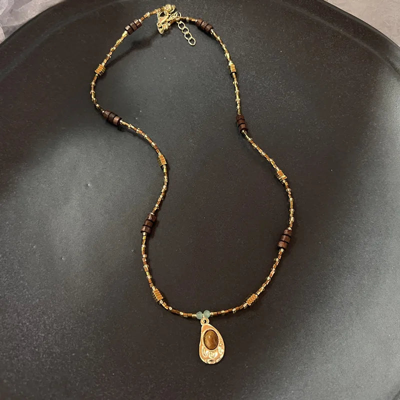 Tinkers Vintage Brown Natural Stone Pendant Necklace Leather Rope - Apparel & Accessories > Jewelry > Necklaces