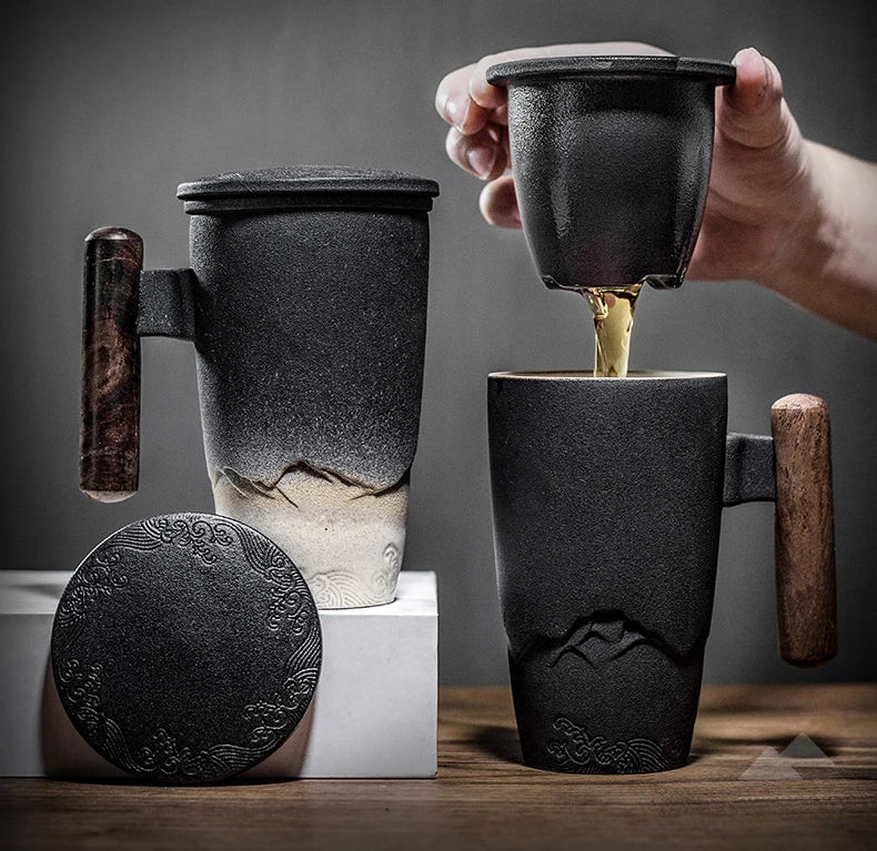 Retro Ceramic Tea Mug — Large 300ml with Lid & Wooden Handle