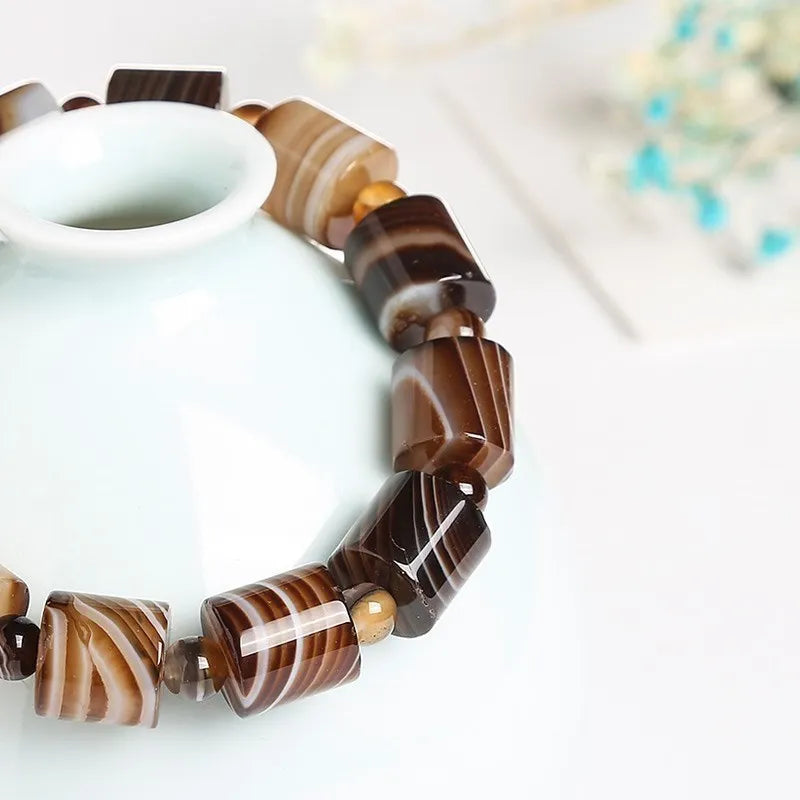 Genuine Natural Coffee Lace Agate Bracelet Women Handmade Tibetan Buddha Hand String Tube Rosary Prayer Charm Yoga Bangles