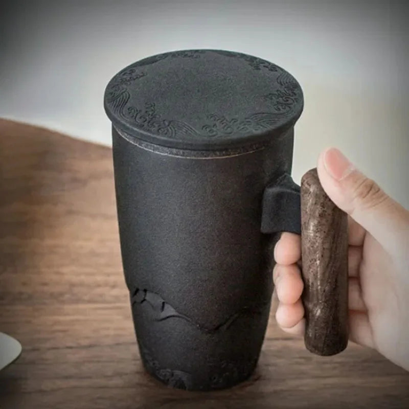 Retro Ceramic Tea Mug — Large 300ml with Lid & Wooden Handle