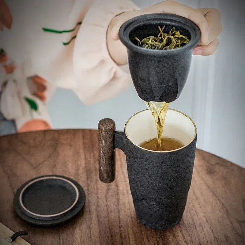 Retro Ceramic Tea Mug — Large 300ml with Lid & Wooden Handle