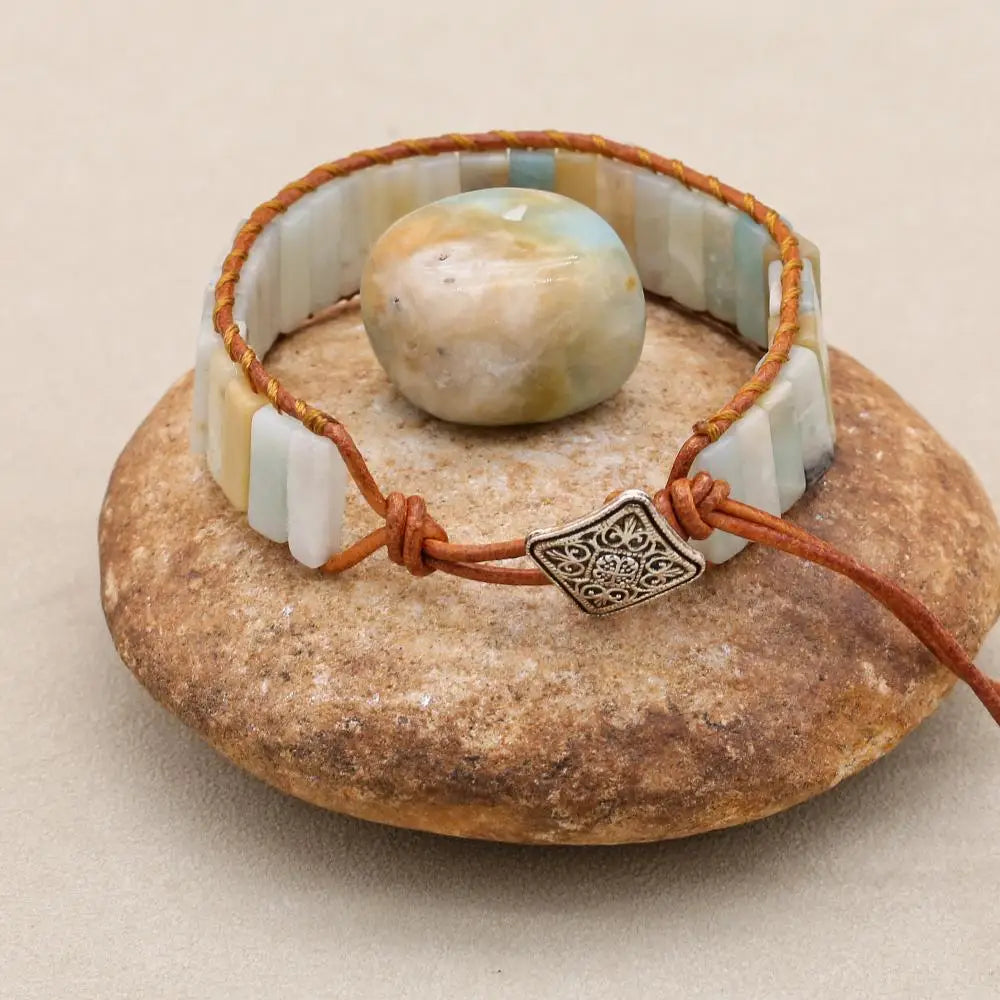 Handmade Boho Leather Wrap Bracelet with Natural Picasso Stone