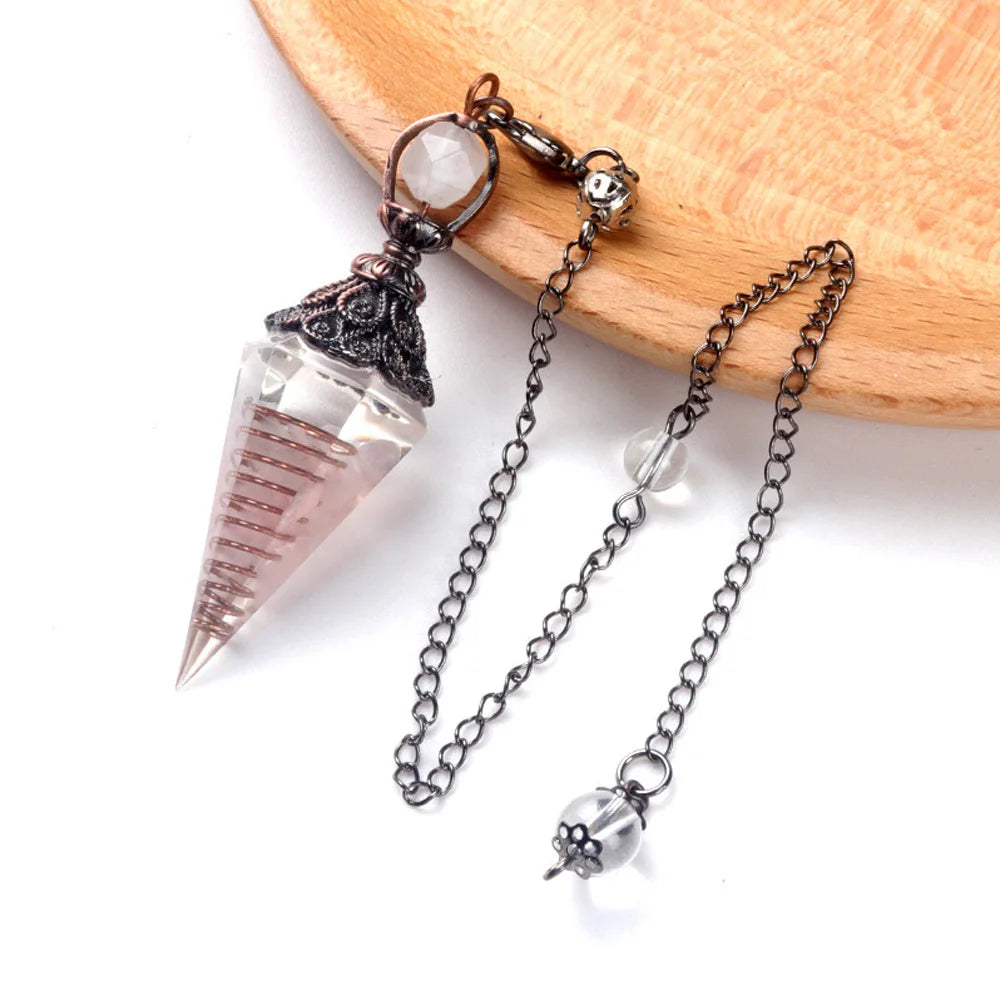 Tinkers Natural Stone Crystal Pendulum Necklace Rose Quartz Pendant -
