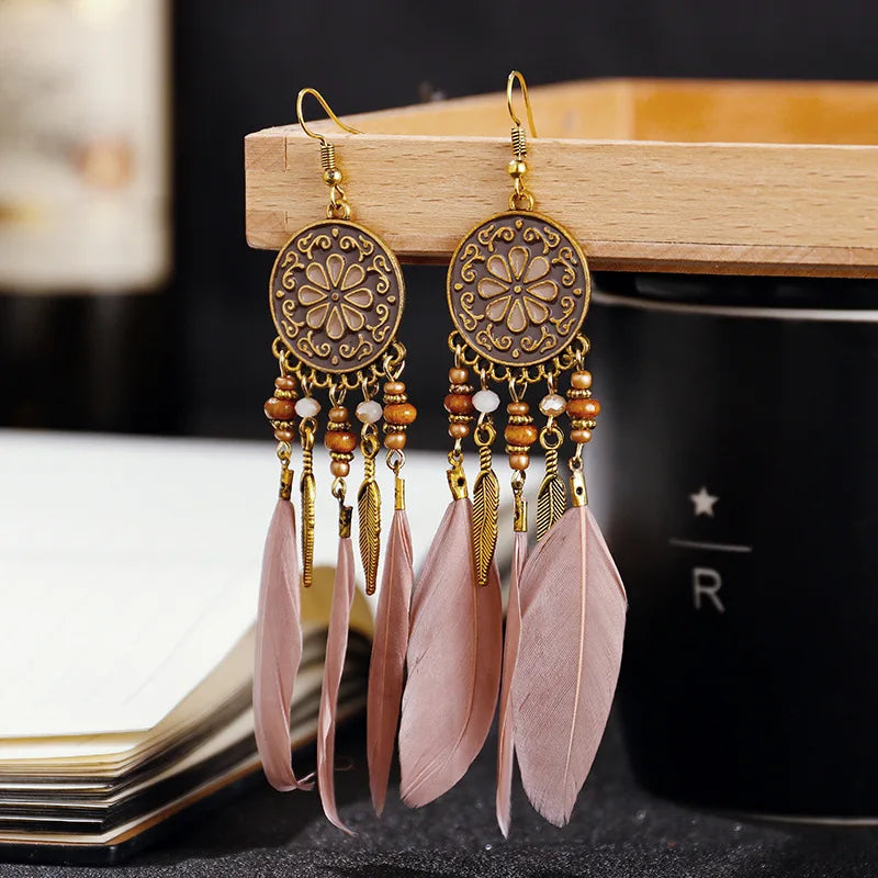 Tinkers Boho Long Feather Dangle Earrings For Women Beach Beads -