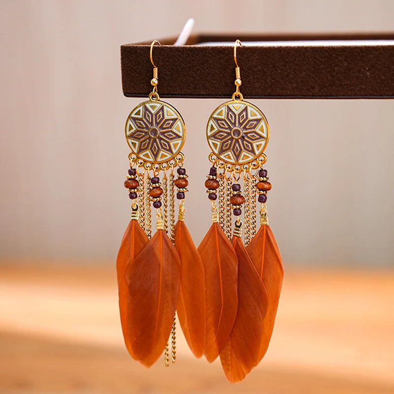 Tinkers Bohemian Brown Feather Earrings For Women Handmade Jewelry -