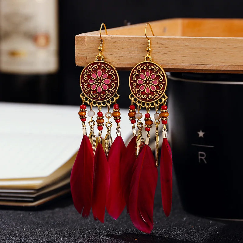 Tinkers Boho Long Feather Dangle Earrings For Women Beach Beads -