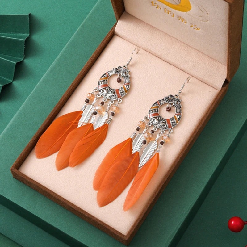 Tinkers Bohemian Brown Feather Earrings For Women Handmade Jewelry -