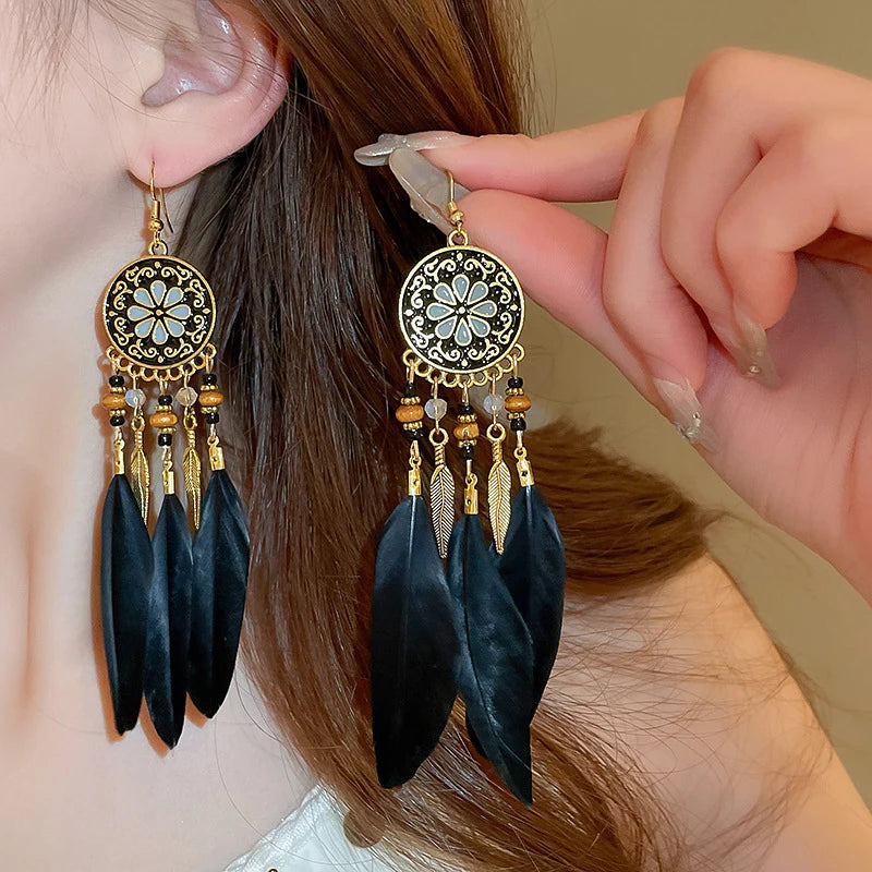 Tinkers Boho Long Feather Dangle Earrings For Women Beach Beads -