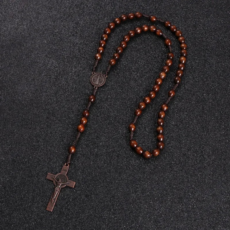 Rosewood Rosary Bead Necklace — Cross Pendant, Handmade Religious Jewelry