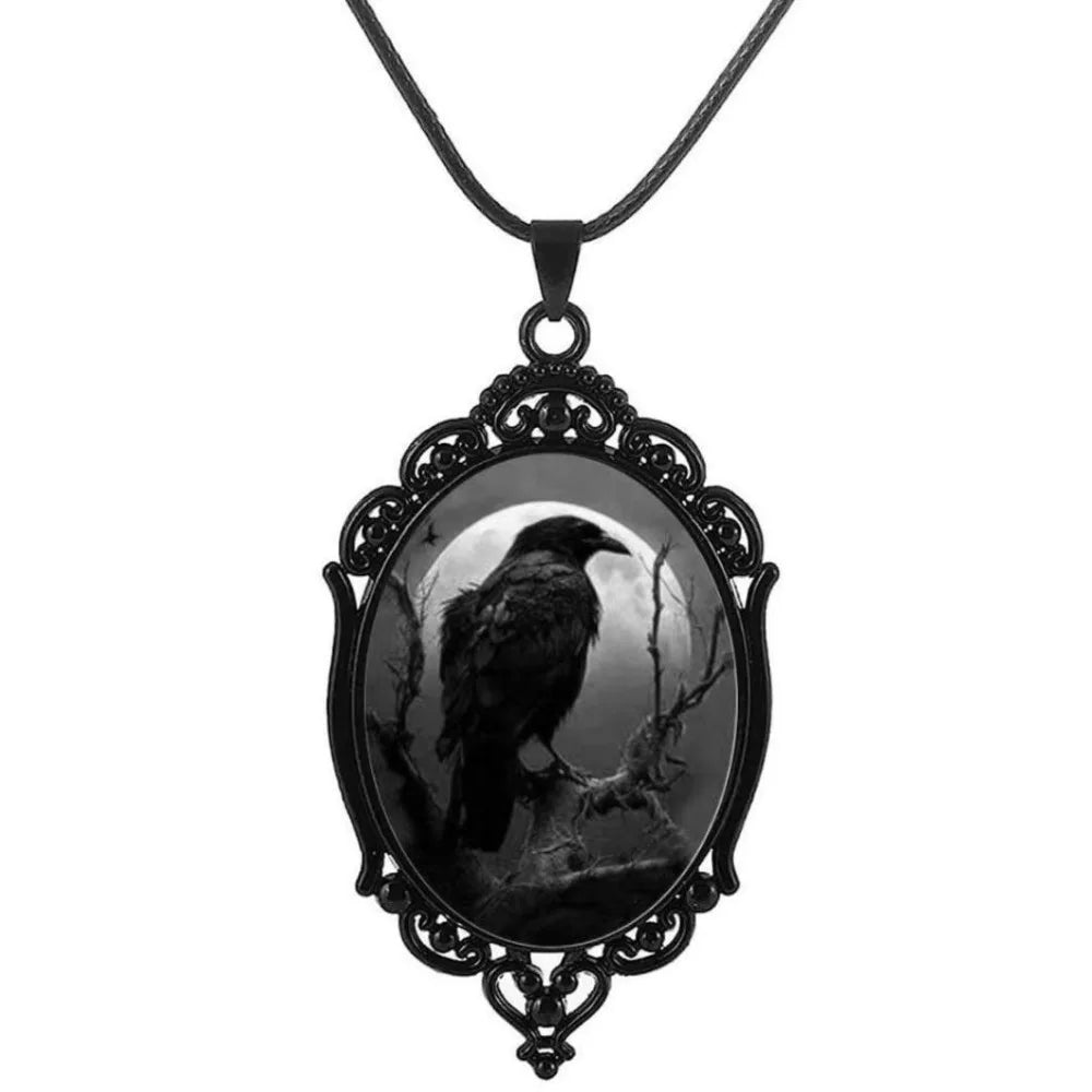 Gothic Retro Dark Oval Lacework Crow Moon Pendant Necklace