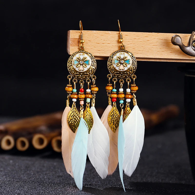 Tinkers Bohemian Feather Tassel Earrings For Women Long Carved Leaf - Apparel & Accessories > Jewelry > Earrings