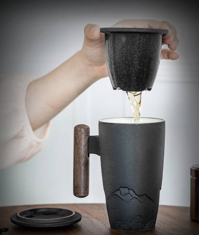 Retro Ceramic Tea Mug — Large 300ml with Lid & Wooden Handle