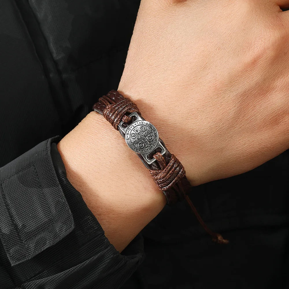 Men's Vintage Braided Leather Bracelet | Cross & Scripture | Punk Retro Lace-Up