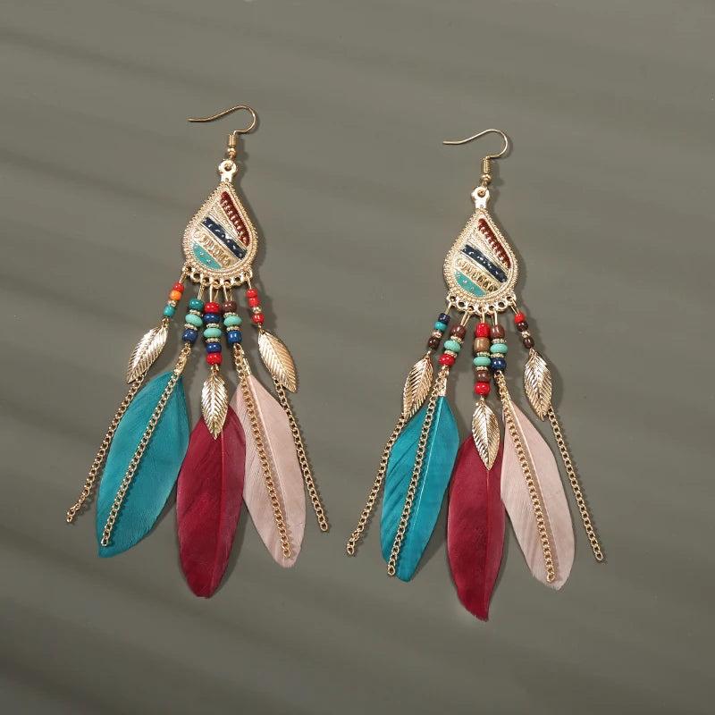 Tinkers Boho Long Feather Dangle Earrings For Women Beach Beads -
